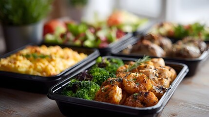 Fototapeta premium Assortment of prepared healthy meals in black takeout containers showcasing variety and convenience for diet plans