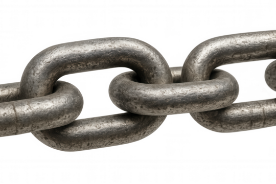 Metal chain links connecting, representing strength, security, power, and constraint on a transparent background