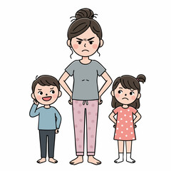 Flat Cartoon Style Annoyed Mother with Two Mischievous Children Illustration