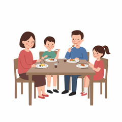 Flat Illustration of a Happy Family Eating Together at the Table