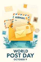 World Post Day Celebration with Cute Stamps and Letters Vector 