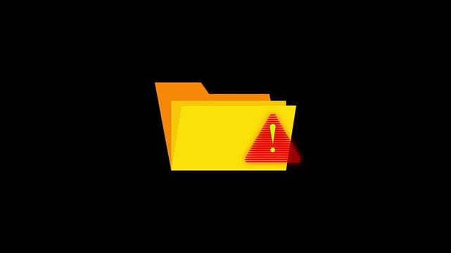 File folder with red warning alert icon on black background, data error, corrupted file, system issue, cyber security risk, digital storage problem, computer alert and caution