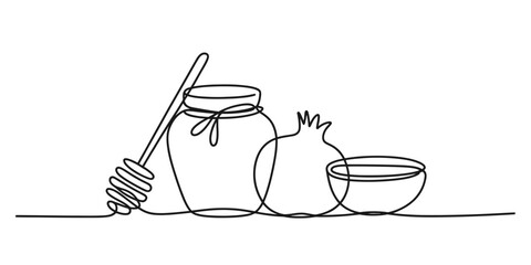 Continuous line drawing vector illustration of honey jar pomegranate and bowl simple line art vector