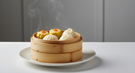 "A Japanese sushi platter with sashimi and nigiri, glossy textures, steam from freshly cooked rice, minimalist side angle, white background."