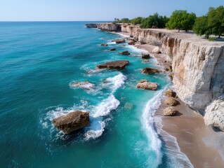 Aerial View Of Tropical Coastline Turquoise Ocean Waves And Rocky Cliff Under Sunny Sky