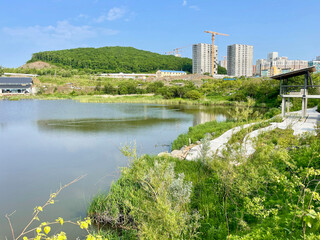 Park area around Lake Torfyanka in Patrokl Bay in Vladivostok in summer
