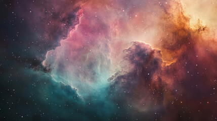 Obraz premium Vast clouds of interstellar dust, now illuminated from within by the newborn stars, swirl in a graceful, slow-motion ballet. Colors blend in a watercolor-like haze—magenta, teal, and amber—creating a