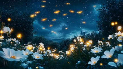 A nighttime garden with glowing fireflies above luminous white flowers under a starlit sky 