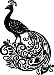 Ornate Peacock Silhouette with Swirls