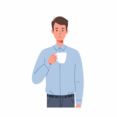 Flat Illustration Young Man Enjoying Hot Drink Relaxing in Office