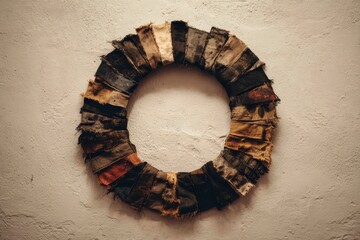 A circular wreath composed of various shades of  fabric scraps, showcasing a spectrum of colors and textures.