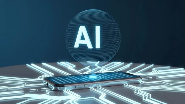 Digital AI Innovation: A futuristic composition of a smartphone embedded within a circuit board, with an illuminated AI logo hovering above, portraying the essence of advanced technology.