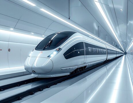 Futuristic High-Speed Bullet Train Speeding Through a Modern, Bright Underground Tunnel

