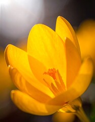 Close-up of a vibrant yellow crocus flower, illuminated by sunlight, shallow depth of field