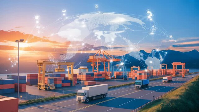 Global Logistics Hub: A bustling port scene, showcasing the efficiency of global shipping, where containers are loaded and transported, symbolizing international trade and transport.