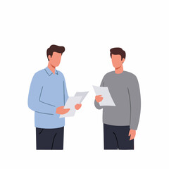 Minimalist Flat Illustration Two Men Discussing Documents Business People Concept