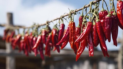 A vibrant collection of bright red chili peppers hangs suspended, slowly drying outdoors under natural daylight. The numerous spicy fruits are strung together on a rustic line, showcasing their slight - Powered by Adobe