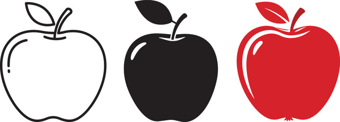 Three stylized apples in outline silhouette and red color isolated on transparent background