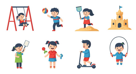 Fototapeta premium Collection of cartoon children enjoying various outdoor play activities.