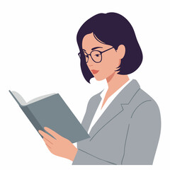 Flat Illustration Woman Reading Book with Glasses and Formal Suit