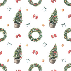 Seamless Christmas pattern with decorated tree and wreath, bows, stars, ornaments. Hand-drawn clipart isolated on white for wrapping paper, textile printing, wallpapers, posters, festive decor