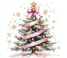 Beautiful Christmas Tree Topped with Pink Bow Featuring Glittering Pink and Gold Snowflakes on White Base