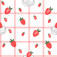Sweet Strawberry and Whipped Cream Seamless Pattern on Gingham Background