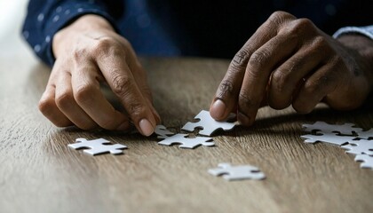 Close-up of two hands joining puzzle pieces on wooden table, symbolizing teamwork, partnership, problem solving, collaboration, and relationship building.