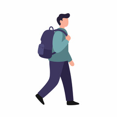 Flat Style Young Man Walking with Backpack Character Illustration