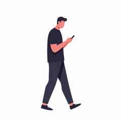 Flat Style Minimalist Man Walking Using Smartphone Illustration Graphic Design
