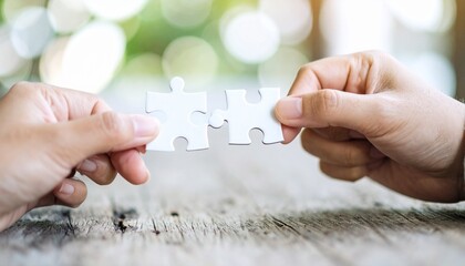 Close-up of two hands joining puzzle pieces on wooden table, symbolizing teamwork, partnership, problem solving, collaboration, and relationship building.
