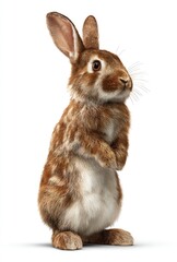Fototapeta premium Brown rabbit standing upright against white background with fluffy fur