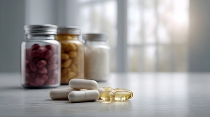 Assorted supplement bottles and loose pills including capsules and gel caps displayed on a clean surface with soft window light