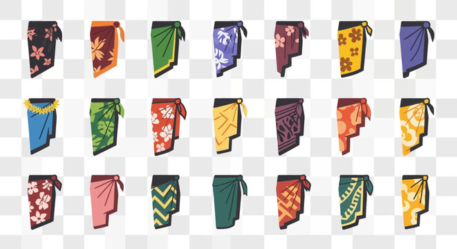 Collection of Colorful Sarongs with Tropical Patterns.