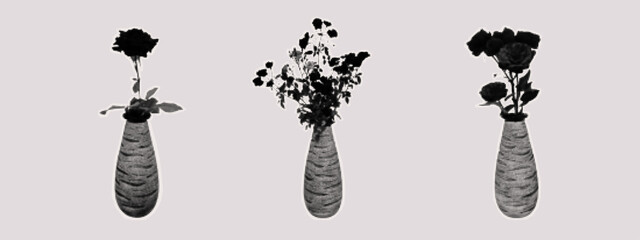 A bouquet of flowers in a vase. Contemporary collage art, paper cutouts of floral arrangements. A branch of roses, a complete floral arrangement of a flowering plant in a vase. Vector collage halftone