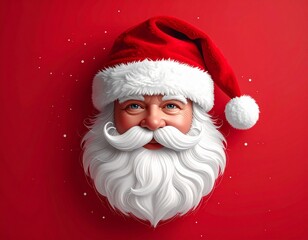 Detailed Headshot of Santa Claus with a Bright Red Background and Snowflakes

