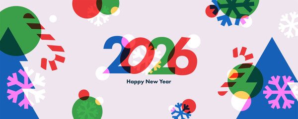 Fototapeta na wymiar Happy New Year 2026 greeting banner. Trendy modern Xmas design with 2026 typography, overlay elements, candy cane, snowflake, Christmas tree. Horizontal poster, greeting card, header for website