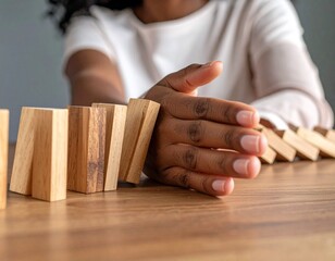 Focused Woman Preventing a Chain Reaction in a Falling Line of Wooden Dominoes

