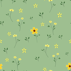 Hand-Drawn Yellow Wildflower Seamless Pattern on Sage Green Background
