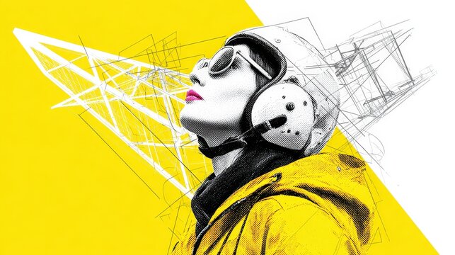 Bold Aviator's Dream: A dynamic portrait of a woman in aviator gear, set against an abstract, vibrant yellow and white backdrop, the artwork blends elements of design and a futuristic aesthetic. 