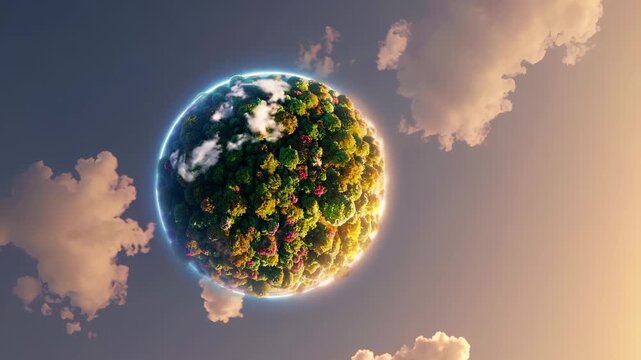 Glowing green planet sphere floats in sky. Forest trees, forest flowers green leaves cover surface. Nature shines with sunlight. Forest and nature merge. Sky and leaf textures surround planet sphere.