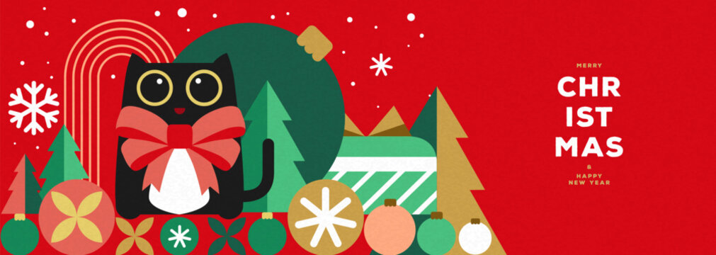 Christmas holiday flat poster or banner with funny cat, Christmas tree, gift box, baubles, and snowflakes. Christmas greeting card design. Vector illustration
