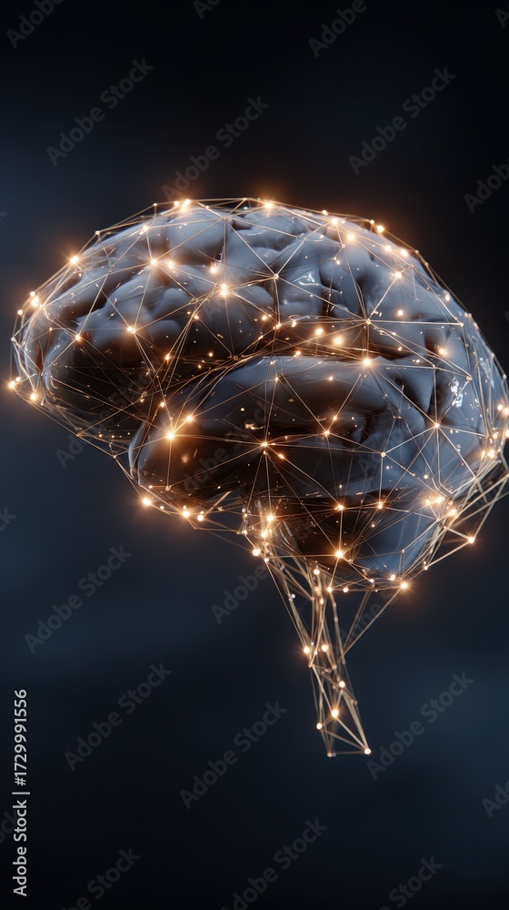 Wall mural 3d rendering of a human brain with connected nodes and glowing lights representing neural networks a