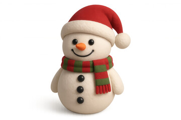 Cute snowman wearing santa hat and striped scarf, smiling, celebrating winter holidays, transparent background
