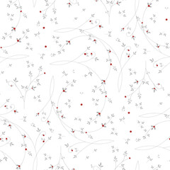 Ethereal Elegant Minimalist Floral Seamless Pattern with Delicate Twigs and Red Accents