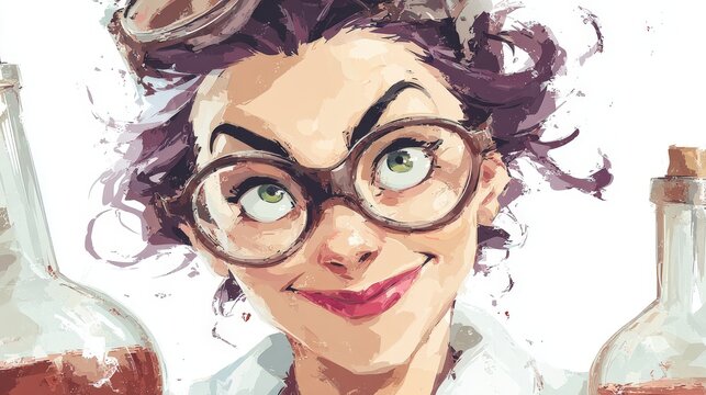 Eccentric Scientist and Her Concoctions: A whimsical illustration of a quirky scientist, exuding an air of madcap genius with her inquisitive expression and surrounded by bubbling beakers.