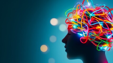 Confused person with brain visualized as tangled holiday lights overwhelmed by multiple distractions