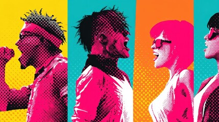 Pop Art Voices: Dynamic pop art portrayal of diverse individuals, each passionately expressing themselves against a vivid, stylized backdrop.