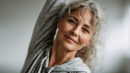 Portrait of a healthy active mature woman with gray hair stretching her arm and smiling gently embodying wellness and contentment