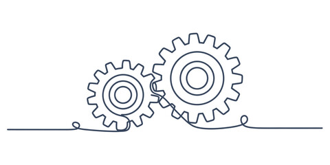 Continuous one line drawing vector illustration of interlocking gears symbolizing work and progress vector
